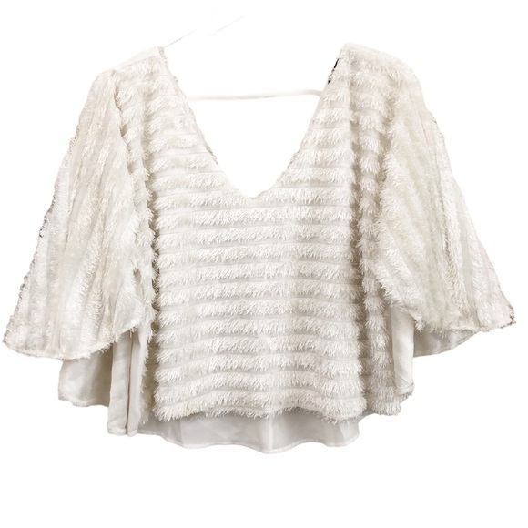 Eyelash Fringe V- Neck Cape Sleeves White Crop Top - Picture 1 of 11